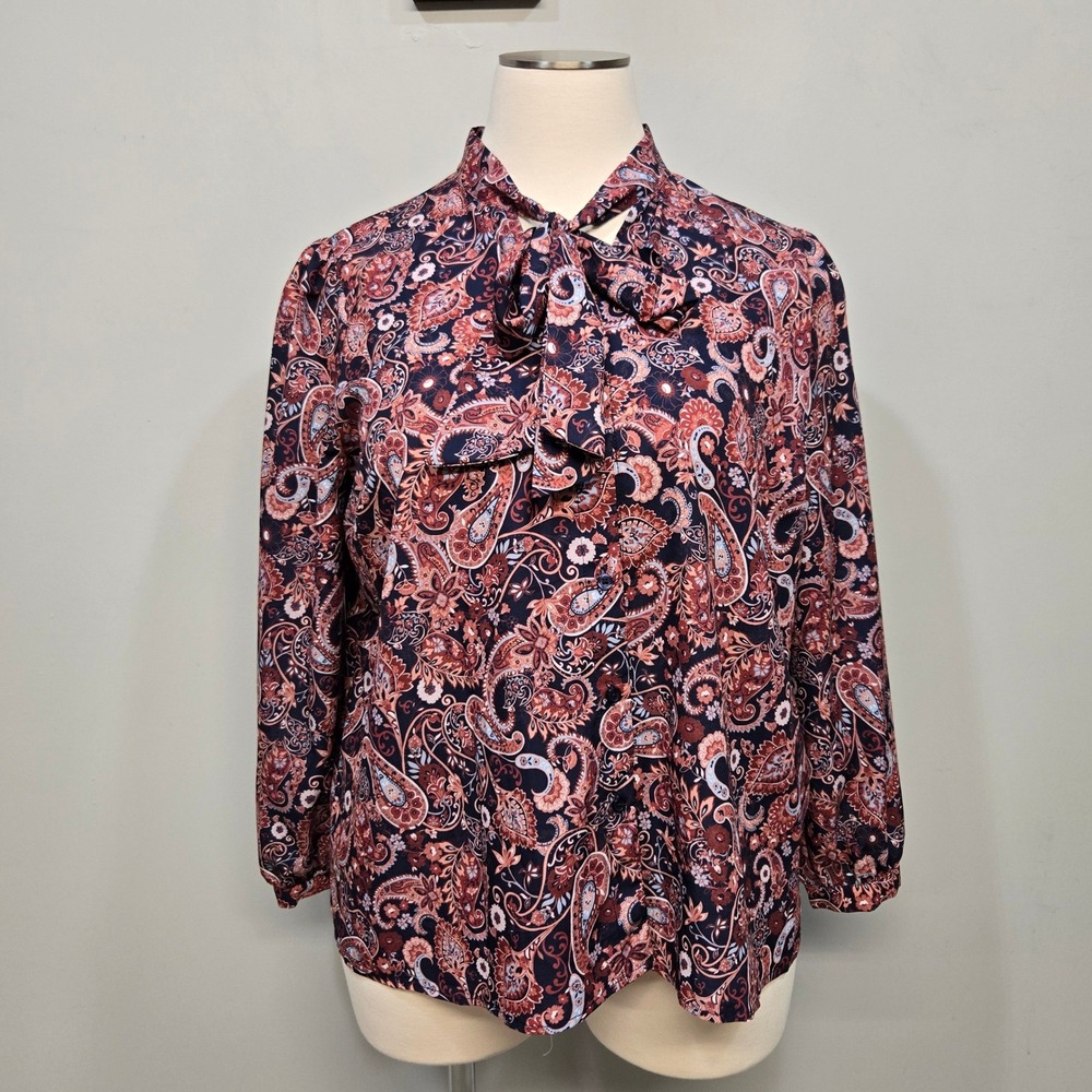 ELOQUII Button Down Shirt Plus Size 22 Navy Pink Paisley Tie Neck Long Sleeve